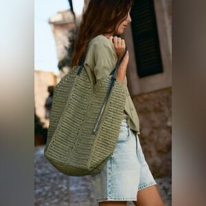 Zara Green Maxi Woven Shopper Tote Bag